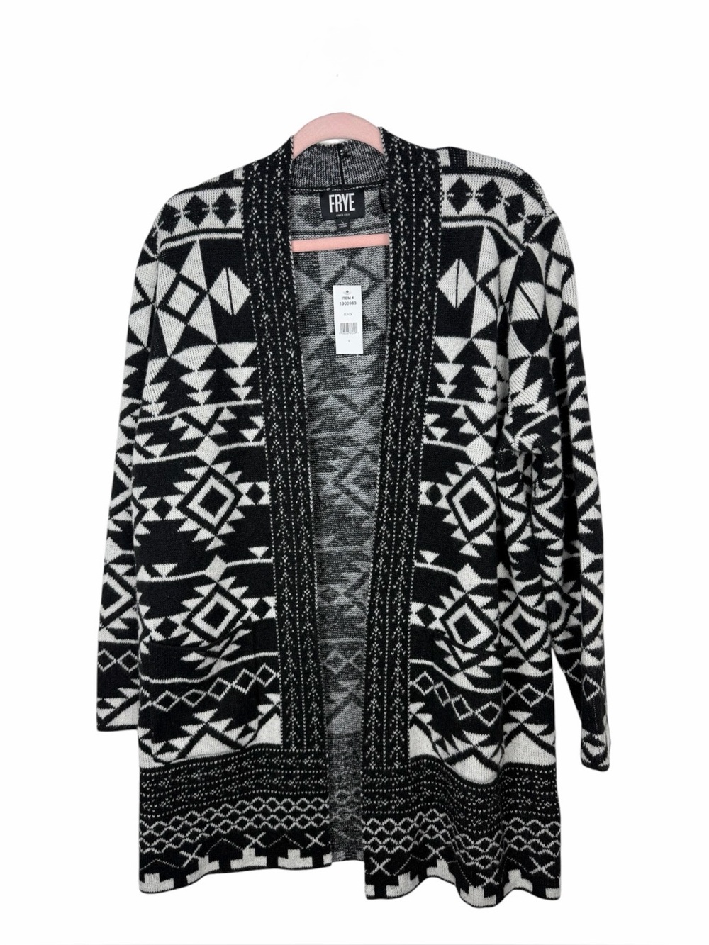 Frye NWT Women’s Black & White Geometric Pattern Open-Front Cardigan Size Large - Picture 9 of 16